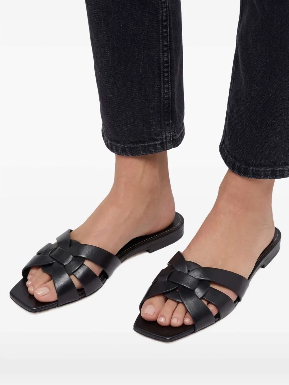 Yves Saint Laurent Black Leather Woven Slide Mules